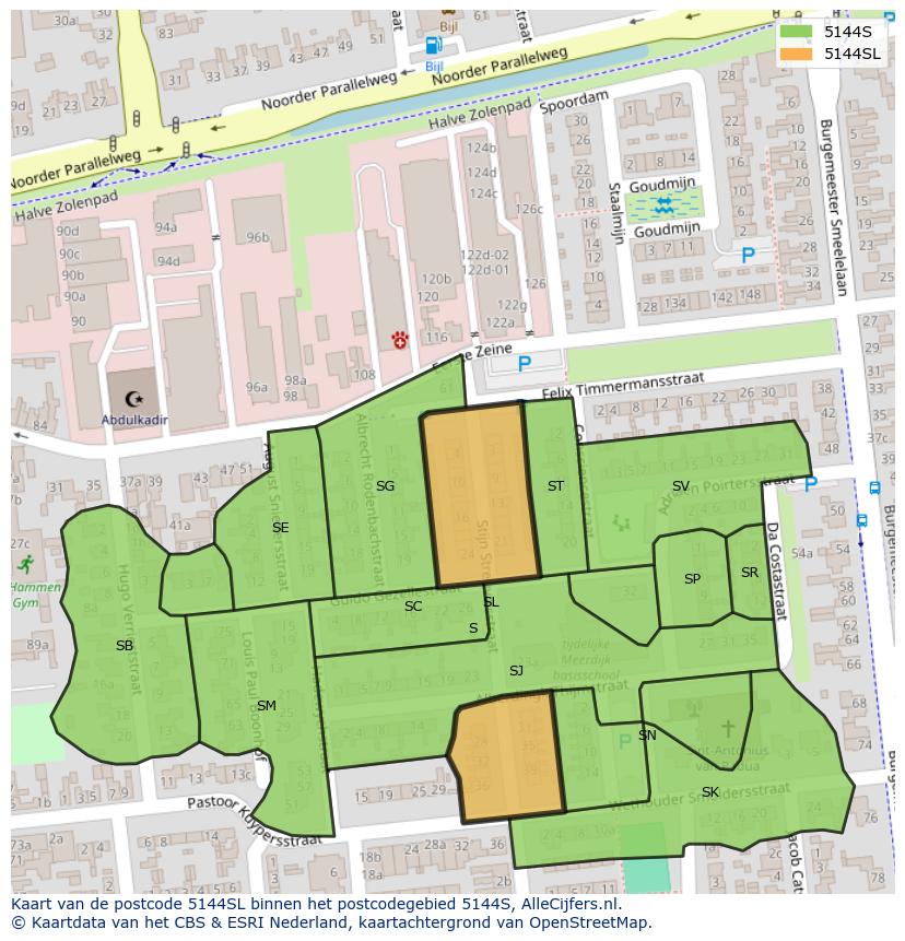 Afbeelding van het postcodegebied 5144 SL op de kaart.