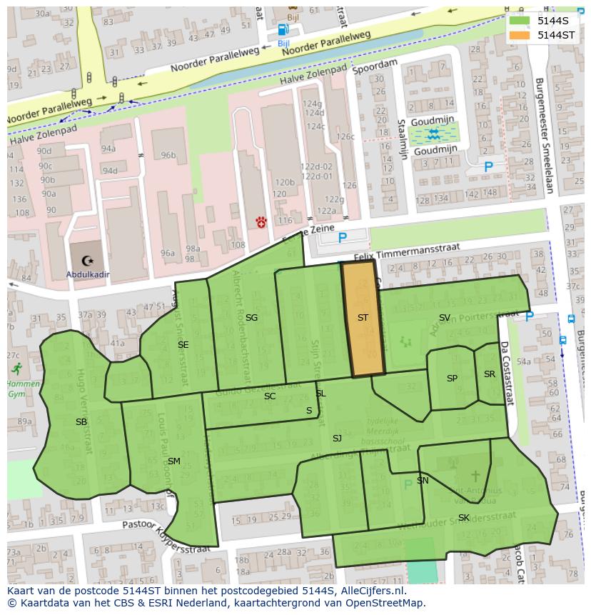 Afbeelding van het postcodegebied 5144 ST op de kaart.