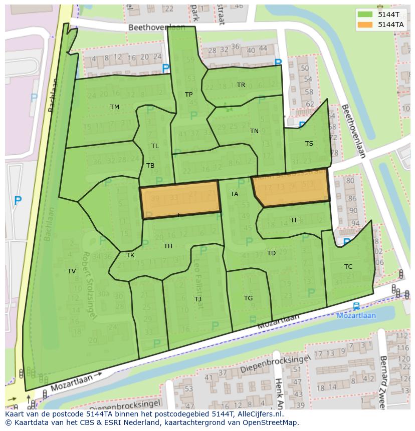 Afbeelding van het postcodegebied 5144 TA op de kaart.