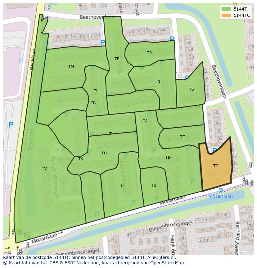 Afbeelding van het postcodegebied 5144 TC op de kaart.