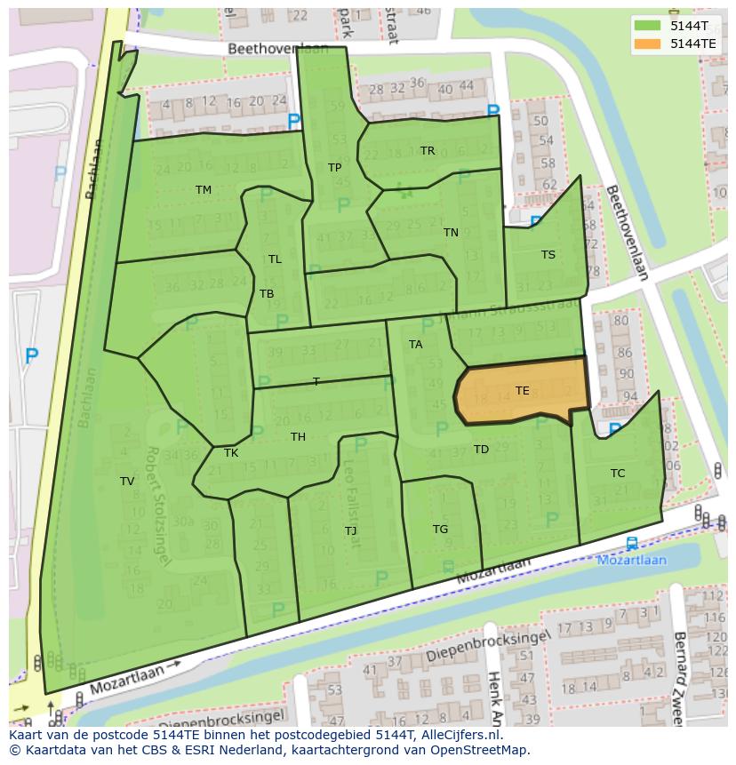 Afbeelding van het postcodegebied 5144 TE op de kaart.