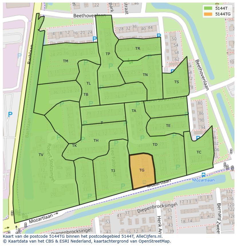 Afbeelding van het postcodegebied 5144 TG op de kaart.