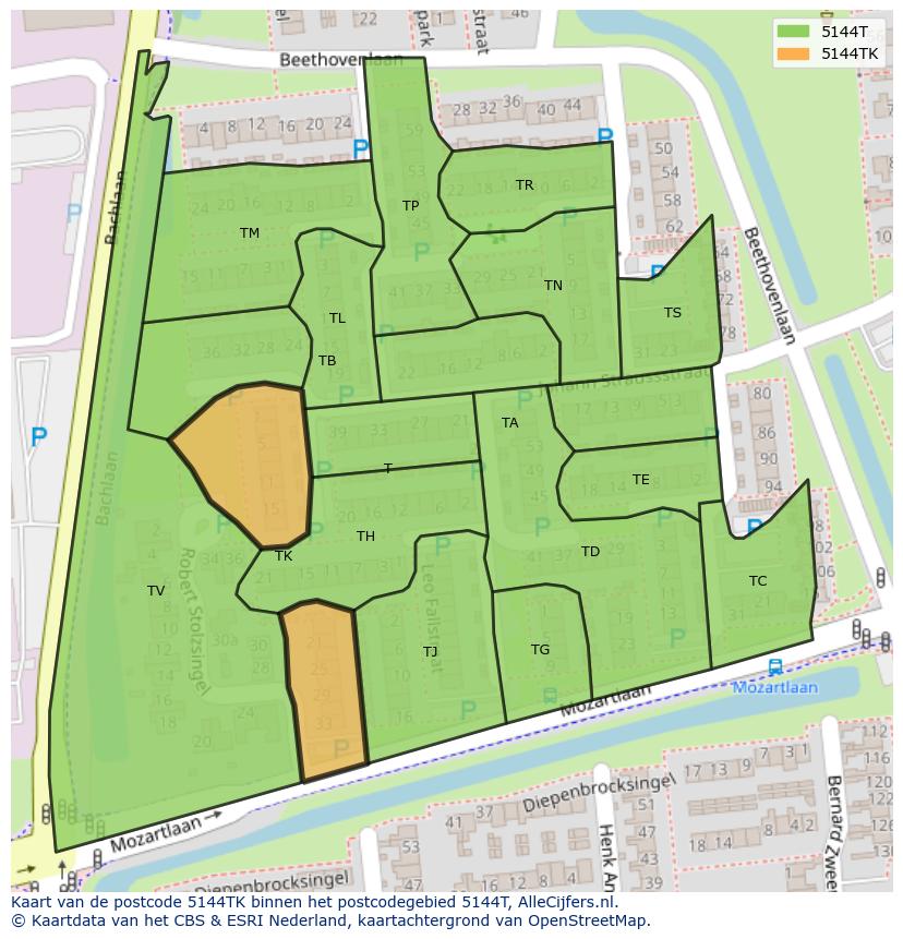 Afbeelding van het postcodegebied 5144 TK op de kaart.