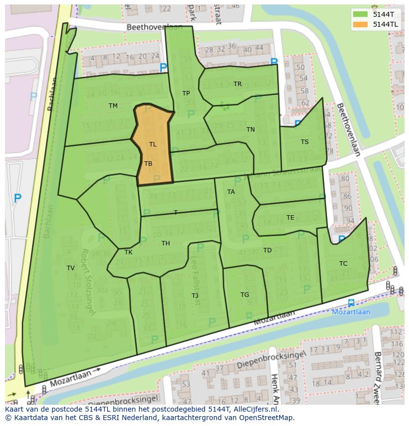 Afbeelding van het postcodegebied 5144 TL op de kaart.