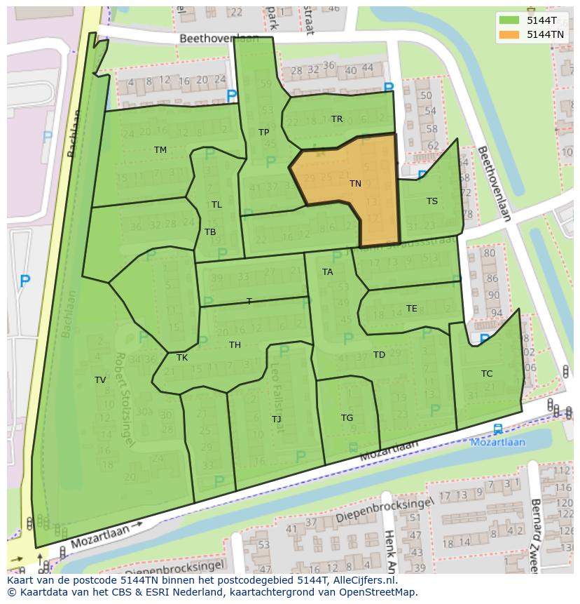 Afbeelding van het postcodegebied 5144 TN op de kaart.