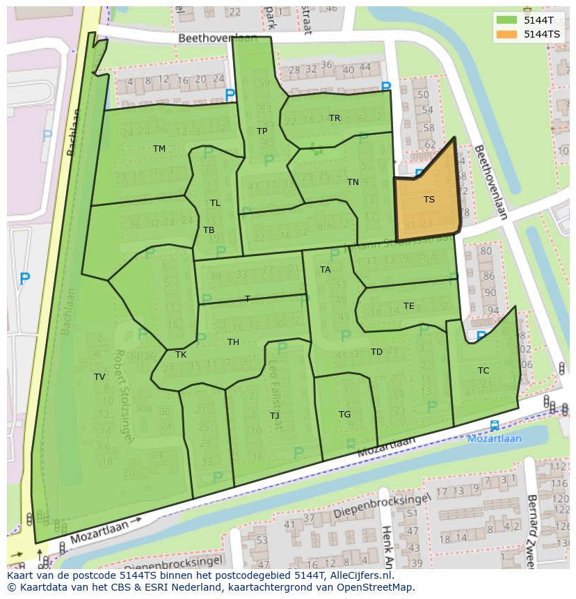 Afbeelding van het postcodegebied 5144 TS op de kaart.
