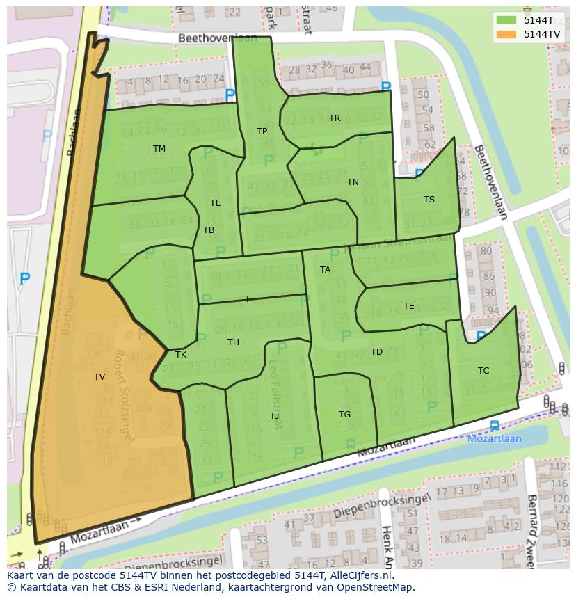 Afbeelding van het postcodegebied 5144 TV op de kaart.