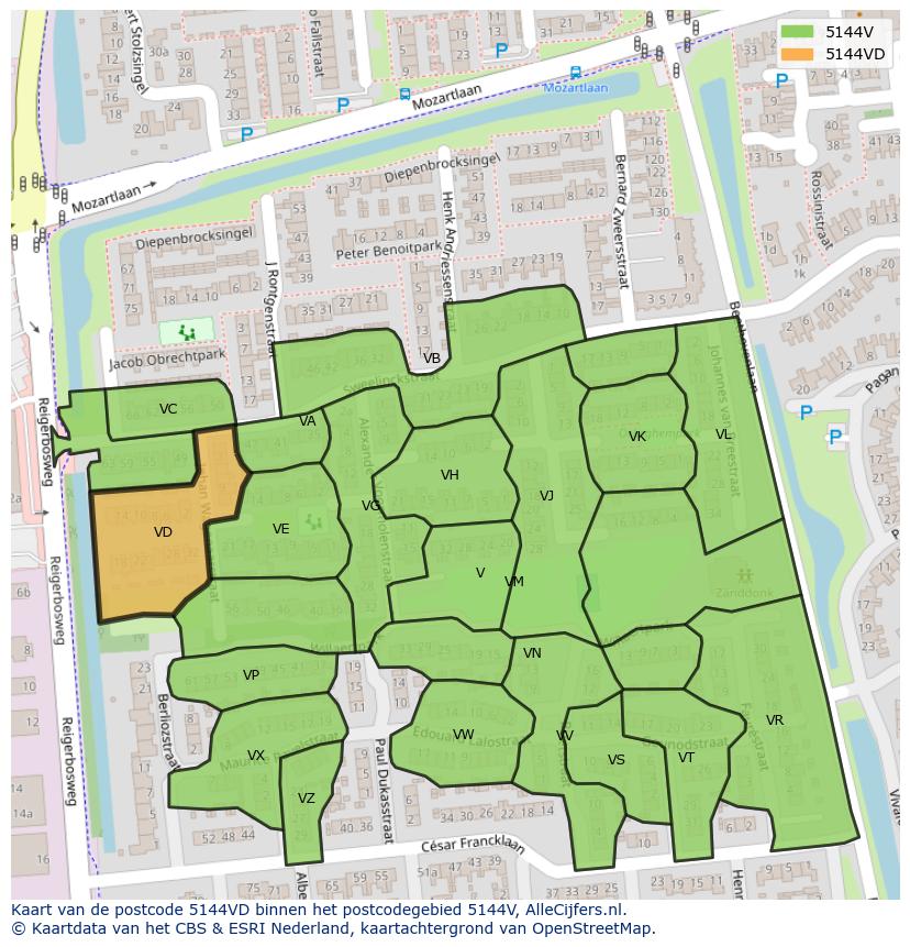 Afbeelding van het postcodegebied 5144 VD op de kaart.