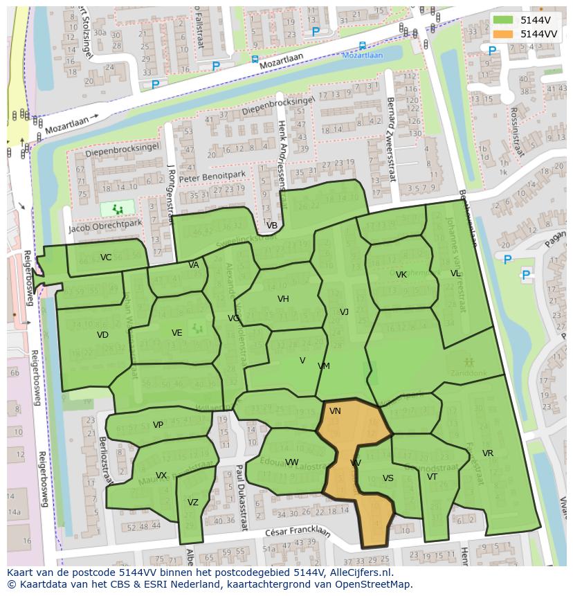 Afbeelding van het postcodegebied 5144 VV op de kaart.