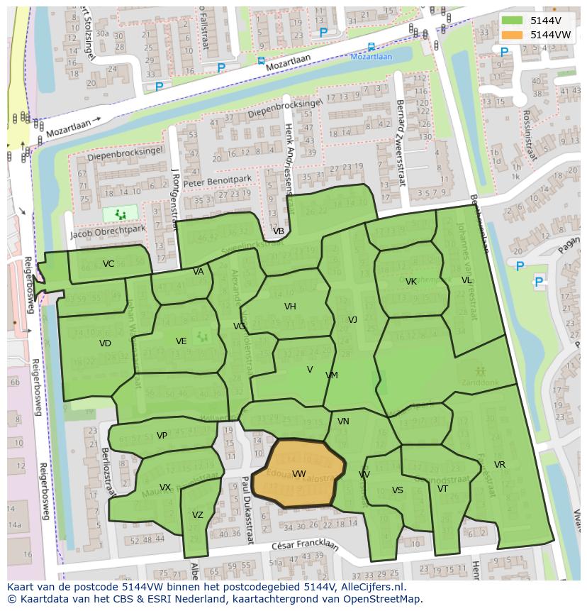 Afbeelding van het postcodegebied 5144 VW op de kaart.