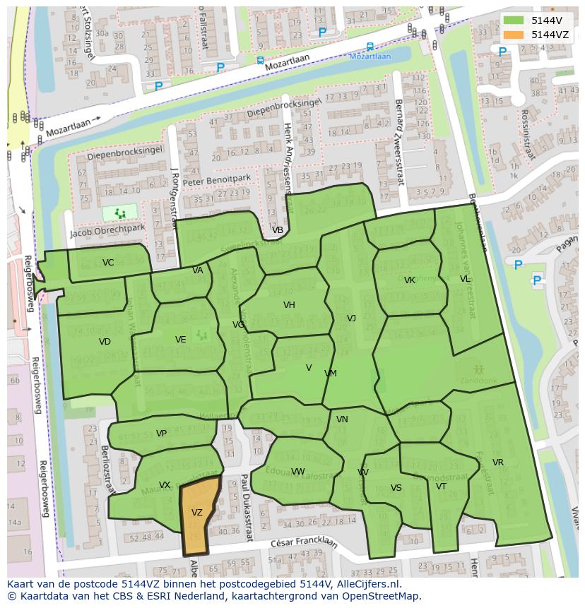 Afbeelding van het postcodegebied 5144 VZ op de kaart.