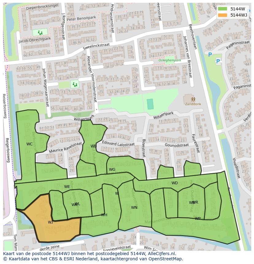 Afbeelding van het postcodegebied 5144 WJ op de kaart.