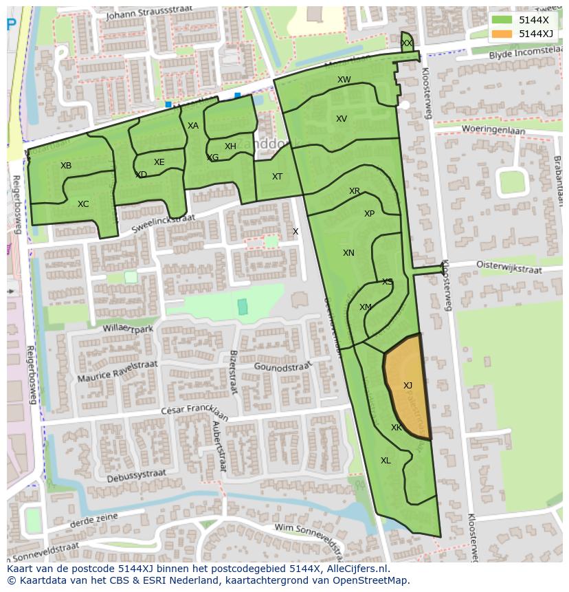 Afbeelding van het postcodegebied 5144 XJ op de kaart.