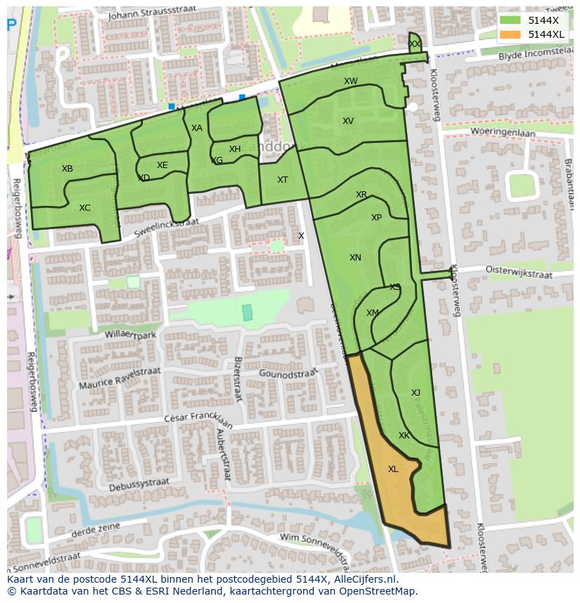Afbeelding van het postcodegebied 5144 XL op de kaart.
