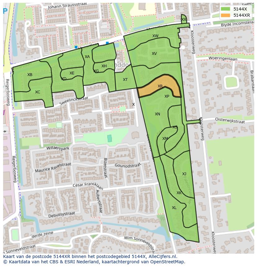 Afbeelding van het postcodegebied 5144 XR op de kaart.