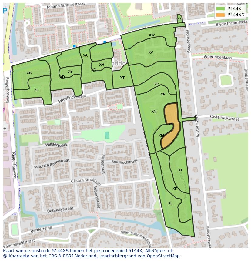 Afbeelding van het postcodegebied 5144 XS op de kaart.