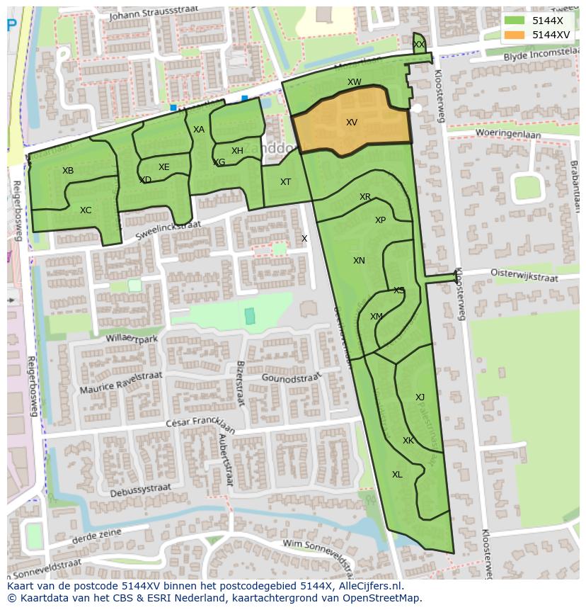 Afbeelding van het postcodegebied 5144 XV op de kaart.