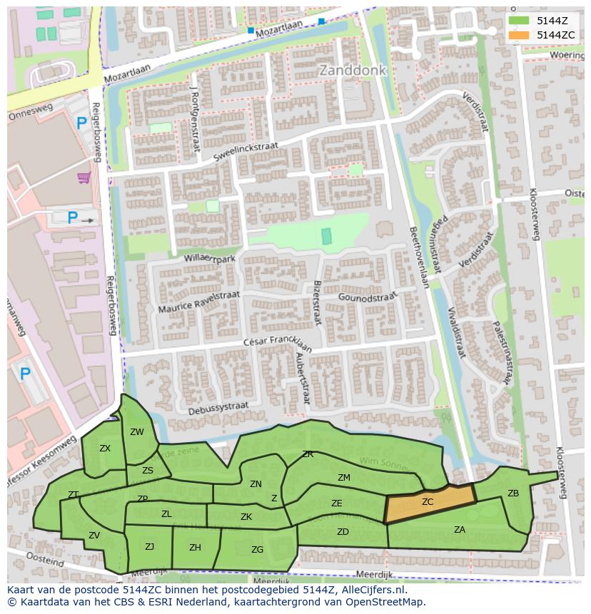 Afbeelding van het postcodegebied 5144 ZC op de kaart.
