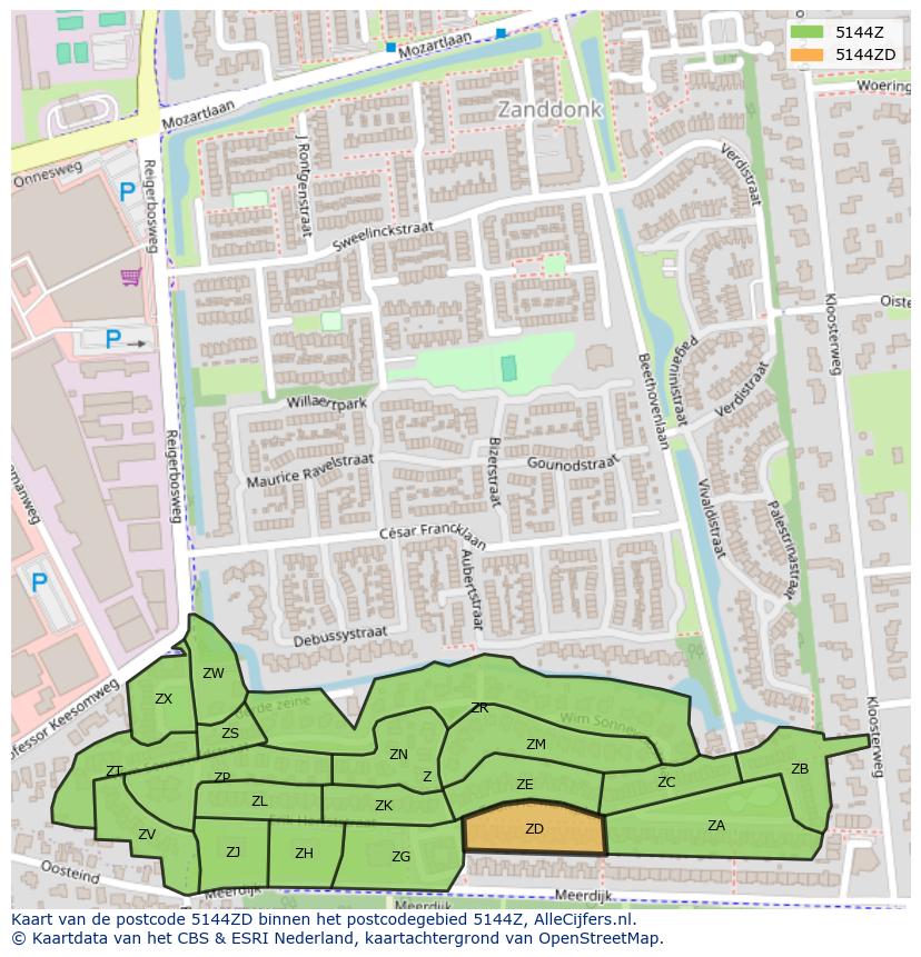 Afbeelding van het postcodegebied 5144 ZD op de kaart.