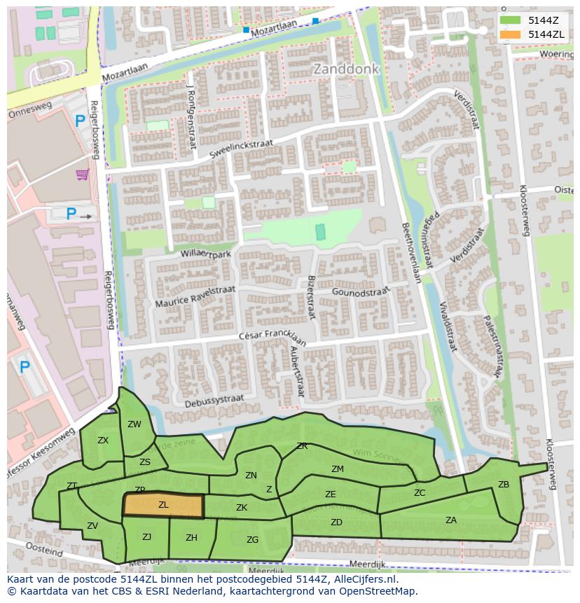 Afbeelding van het postcodegebied 5144 ZL op de kaart.