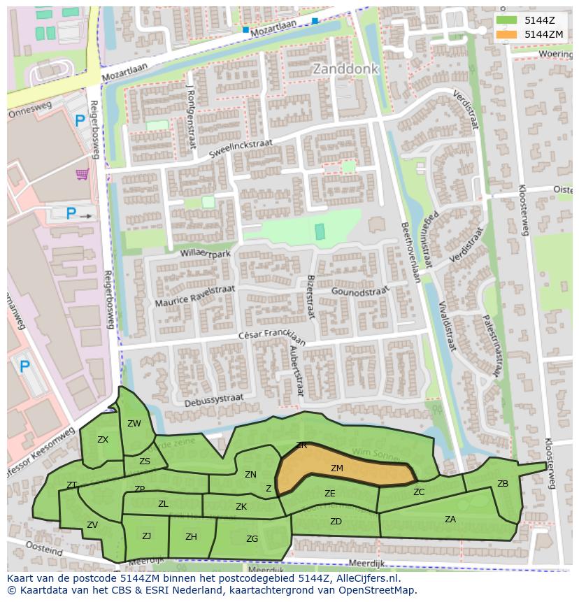 Afbeelding van het postcodegebied 5144 ZM op de kaart.