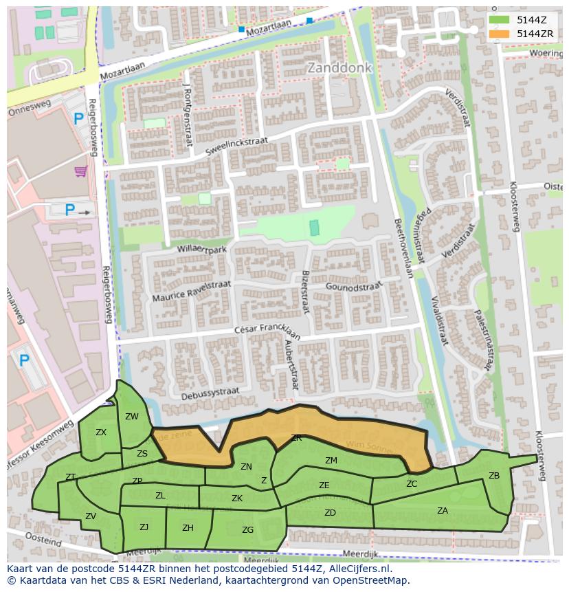 Afbeelding van het postcodegebied 5144 ZR op de kaart.