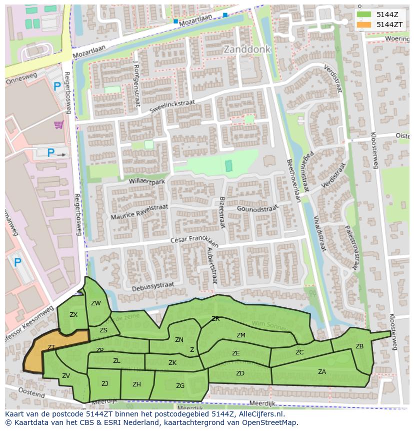Afbeelding van het postcodegebied 5144 ZT op de kaart.