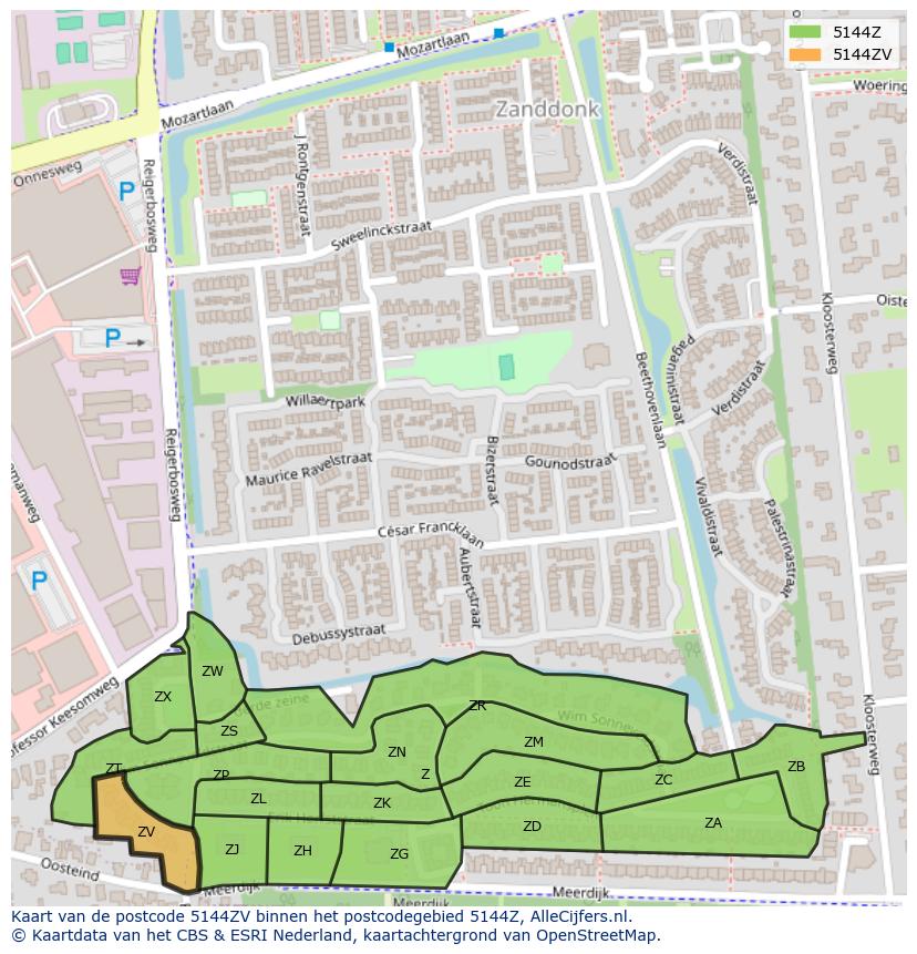 Afbeelding van het postcodegebied 5144 ZV op de kaart.