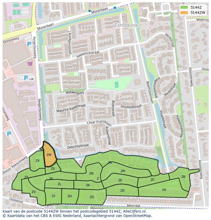 Afbeelding van het postcodegebied 5144 ZW op de kaart.