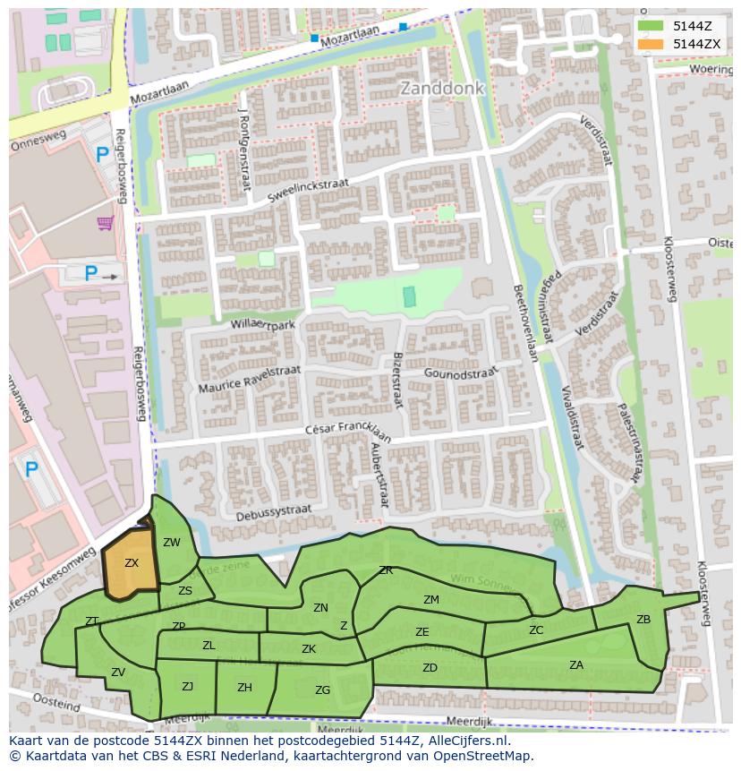 Afbeelding van het postcodegebied 5144 ZX op de kaart.