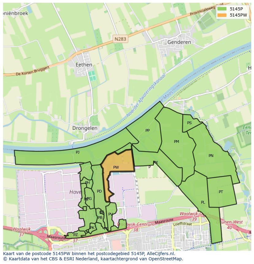 Afbeelding van het postcodegebied 5145 PW op de kaart.