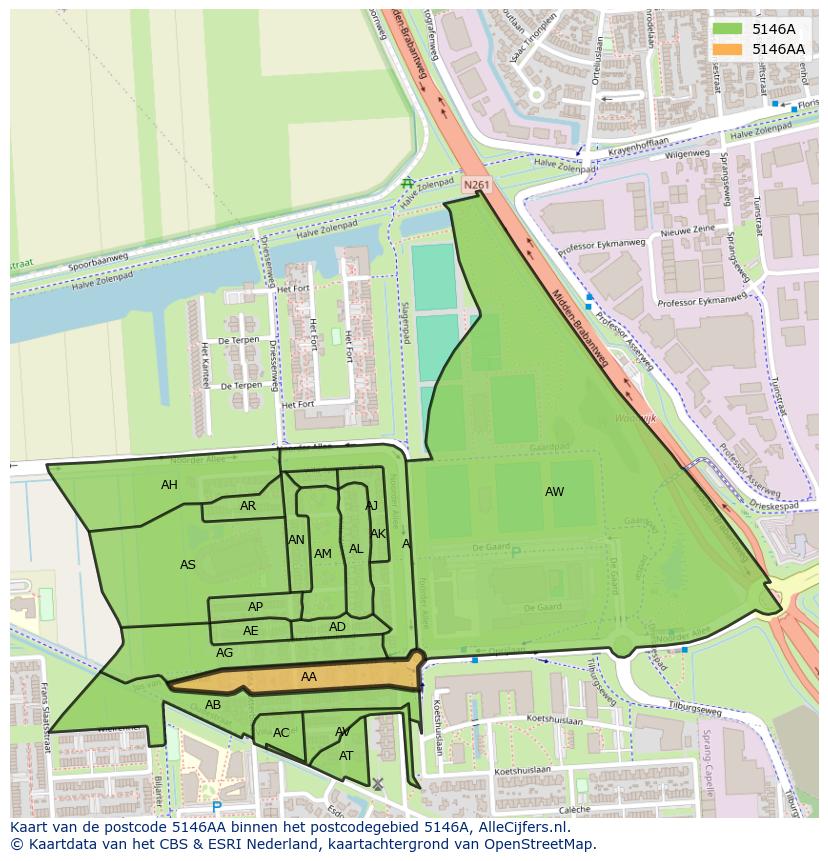 Afbeelding van het postcodegebied 5146 AA op de kaart.
