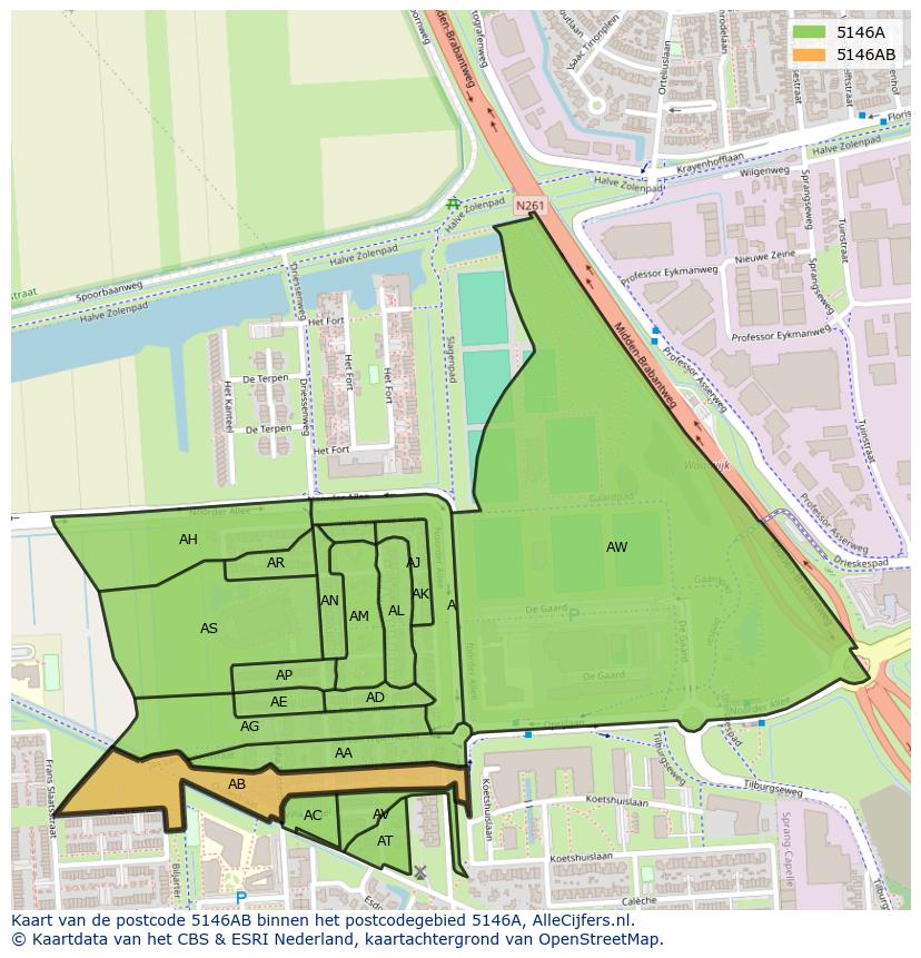 Afbeelding van het postcodegebied 5146 AB op de kaart.