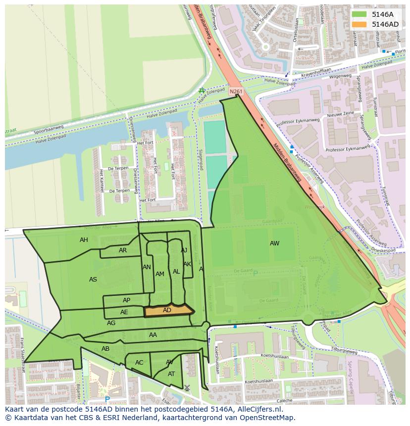 Afbeelding van het postcodegebied 5146 AD op de kaart.