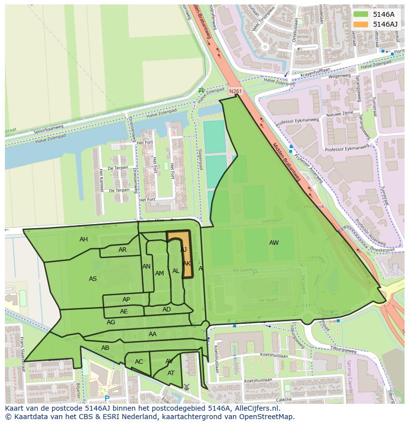 Afbeelding van het postcodegebied 5146 AJ op de kaart.