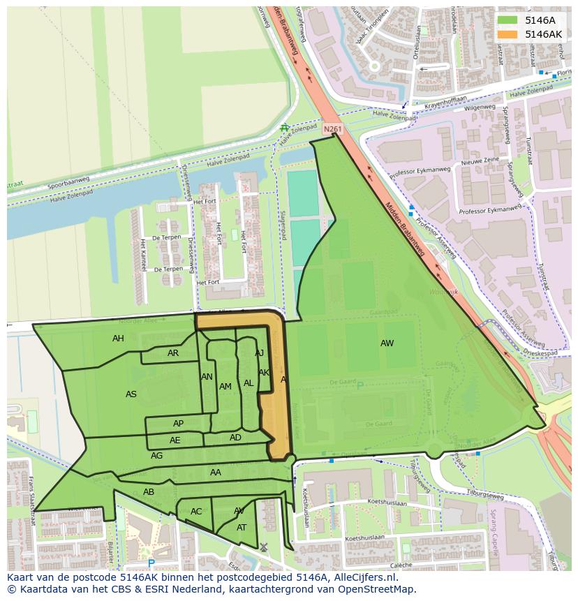 Afbeelding van het postcodegebied 5146 AK op de kaart.