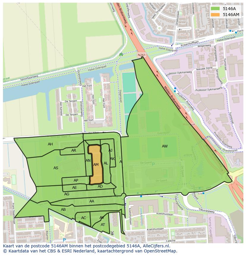 Afbeelding van het postcodegebied 5146 AM op de kaart.