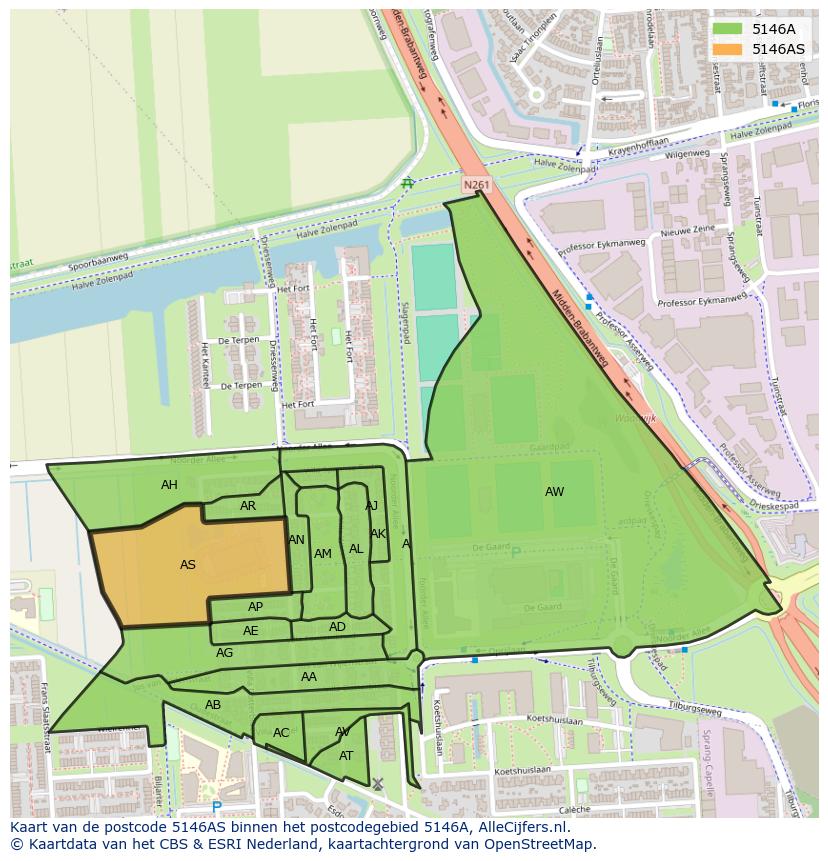Afbeelding van het postcodegebied 5146 AS op de kaart.