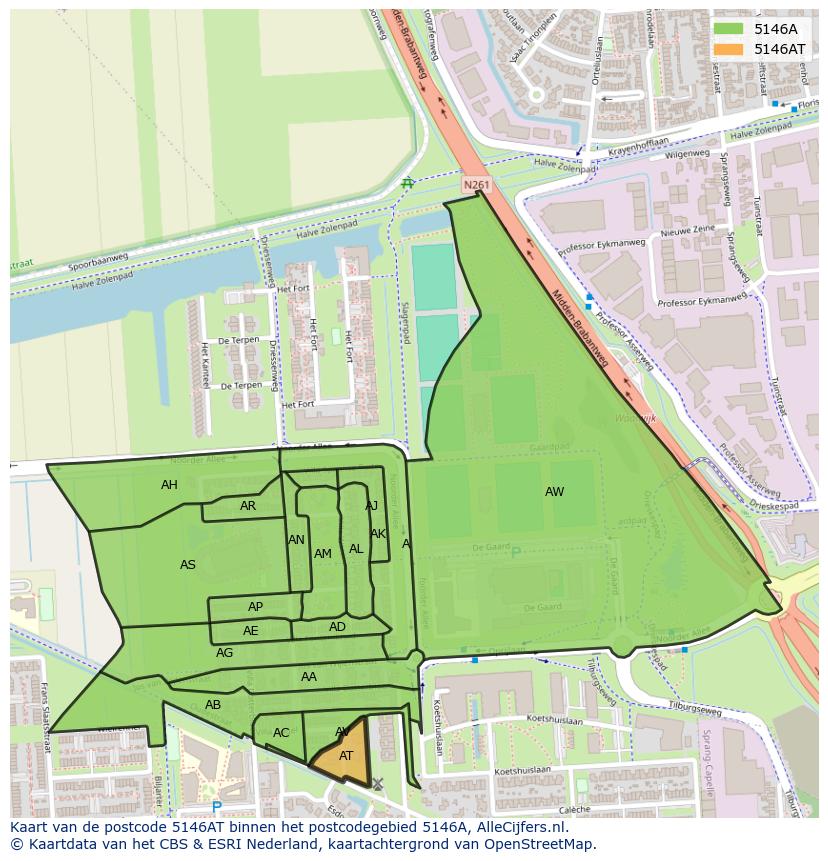 Afbeelding van het postcodegebied 5146 AT op de kaart.