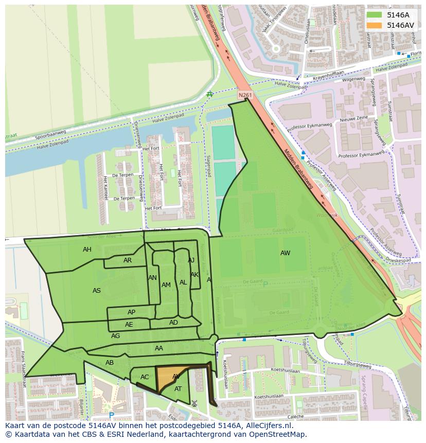 Afbeelding van het postcodegebied 5146 AV op de kaart.
