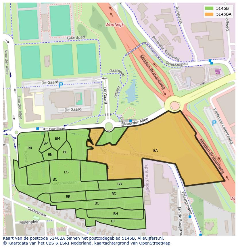 Afbeelding van het postcodegebied 5146 BA op de kaart.