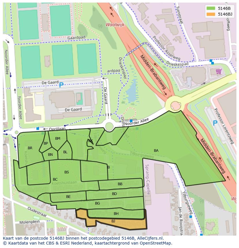 Afbeelding van het postcodegebied 5146 BJ op de kaart.
