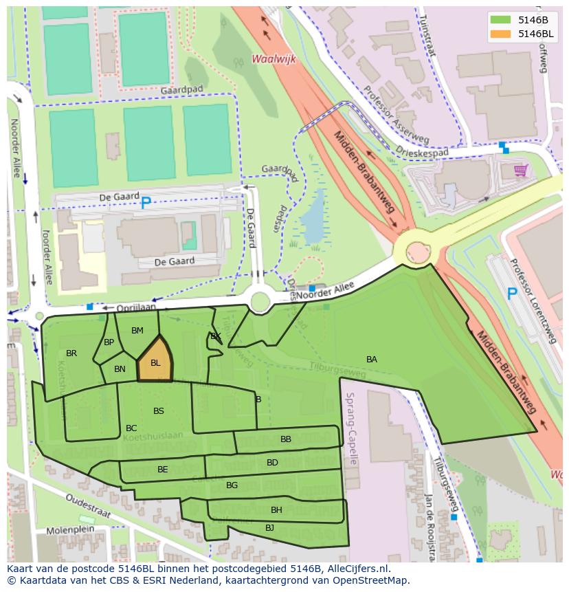 Afbeelding van het postcodegebied 5146 BL op de kaart.
