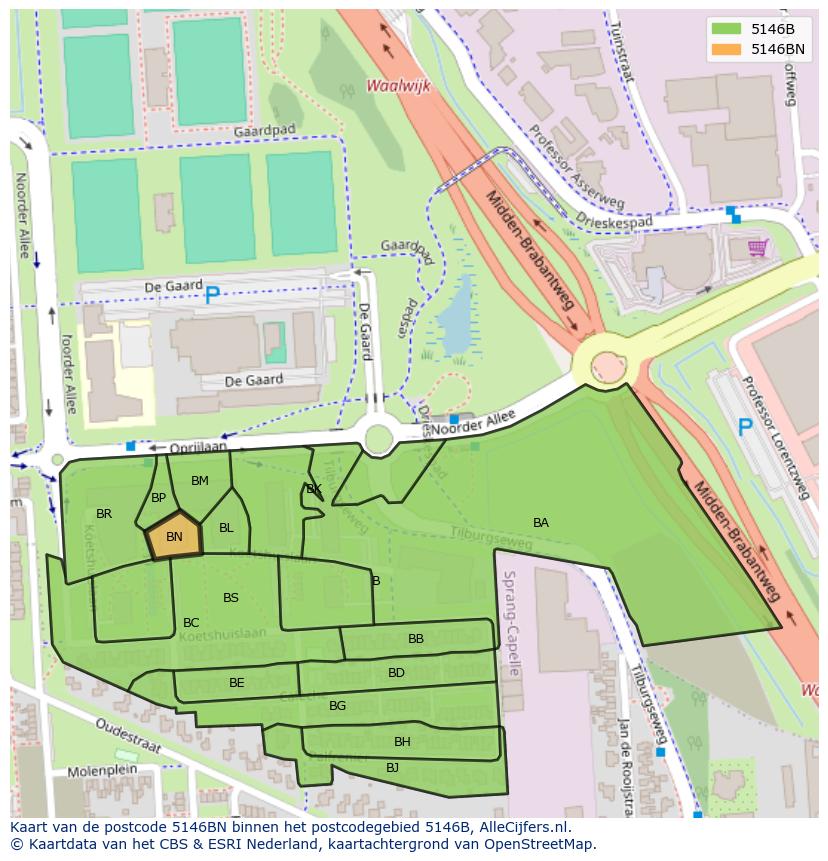 Afbeelding van het postcodegebied 5146 BN op de kaart.