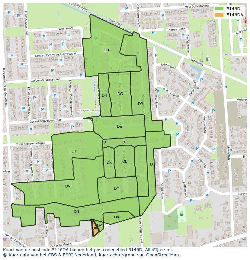 Afbeelding van het postcodegebied 5146 DA op de kaart.