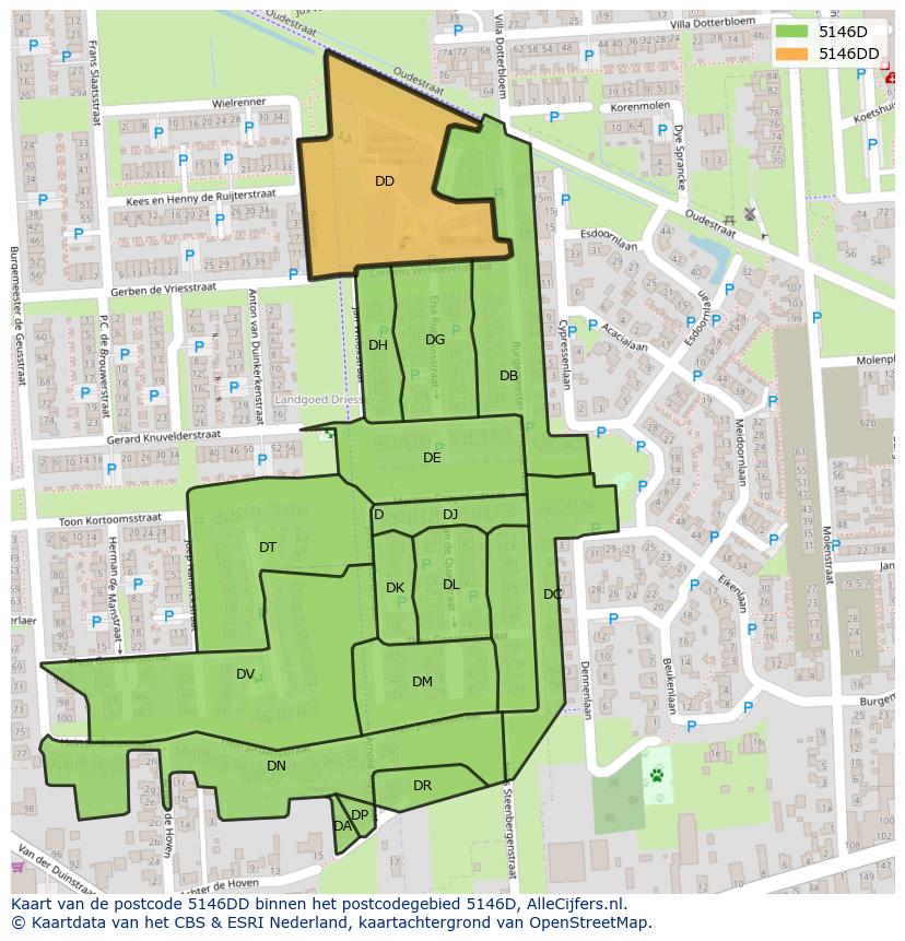 Afbeelding van het postcodegebied 5146 DD op de kaart.