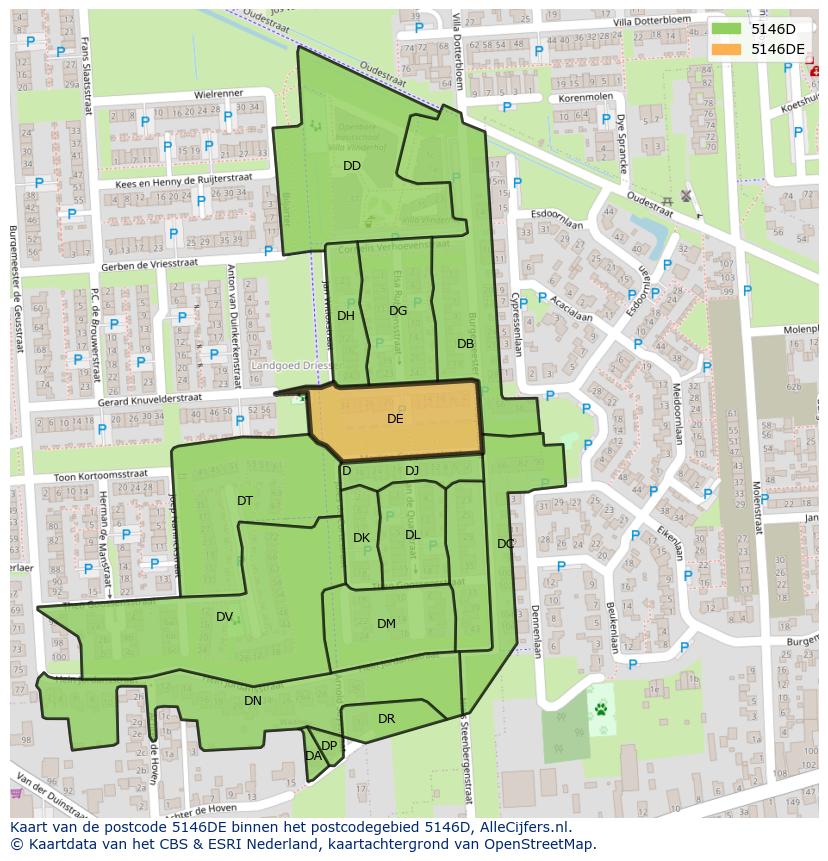 Afbeelding van het postcodegebied 5146 DE op de kaart.