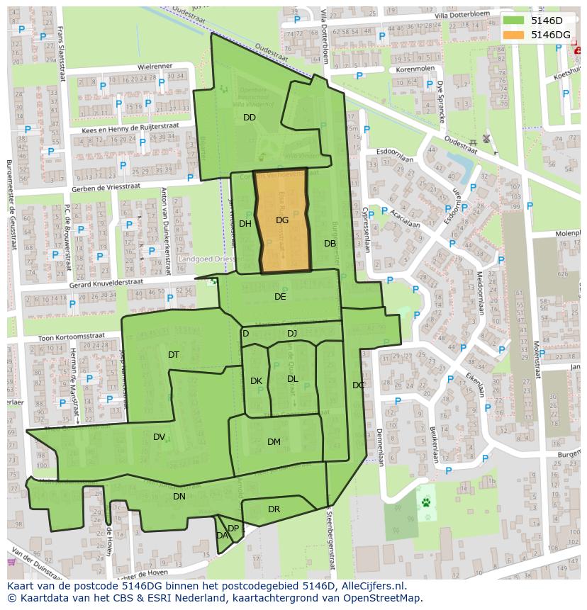 Afbeelding van het postcodegebied 5146 DG op de kaart.