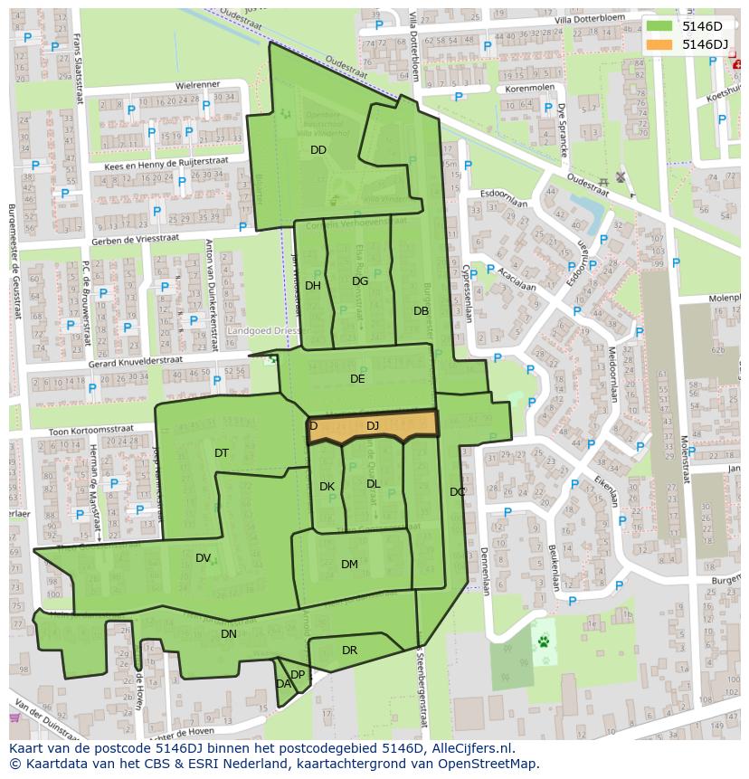 Afbeelding van het postcodegebied 5146 DJ op de kaart.