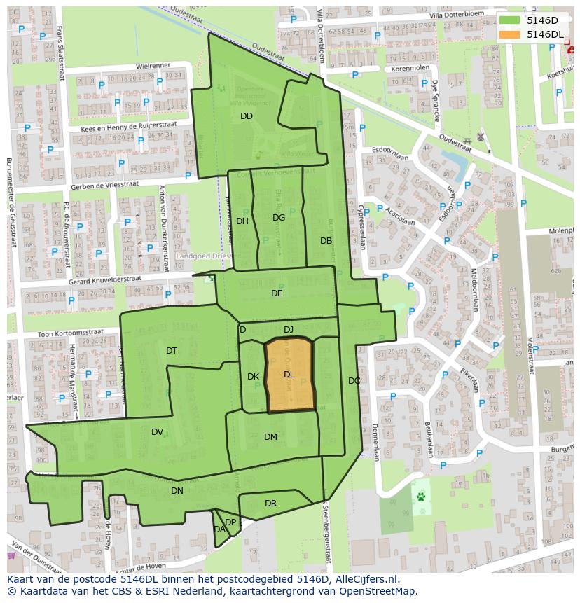 Afbeelding van het postcodegebied 5146 DL op de kaart.